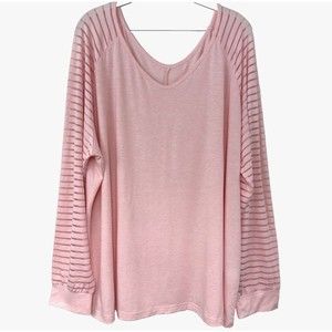 Pretty In Pink Blouse Tee Womens 4X Pullover V-Neck Striped Sheer Long Sleeve